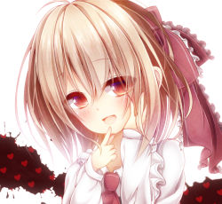 Rule 34 | 1girl, ascot, ayatan-kiri, blonde hair, blush, commentary request, darkness, fang, finger to mouth, hair ribbon, hand on own cheek, hand on own face, heart, looking at viewer, open mouth, red eyes, ribbon, rumia, smile, solo, touhou, upper body