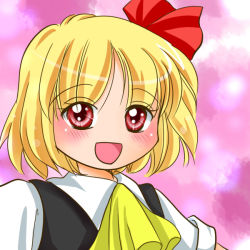 Rule 34 | 1girl, blonde hair, commentary request, female focus, gradient background, hair ribbon, open mouth, red eyes, ribbon, rumia, short hair, skirt, smile, solo, touhou, upper body, yuzuna99