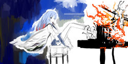 Rule 34 | 1girl, abstract background, angel beats!, angel wings, arm support, blazer, blue background, blue hair, blue skirt, brooch, brown eyes, burning, closed mouth, collared shirt, commentary request, e eel, expressionless, fake wings, fire, floating hair, frilled skirt, frills, from side, grand piano, hair ornament, hairclip, high heels, highres, instrument, jacket, jewelry, leaning back, light blue hair, long hair, long sleeves, looking at viewer, looking to the side, music, neck ribbon, outstretched legs, parted bangs, partially colored, piano, playing instrument, playing piano, red brooch, ribbon, shirt, shoulder strap, sitting, sketch, skirt, sleeve cuffs, solo, stool, tachibana kanade, two-tone background, white background, wide shot, wings
