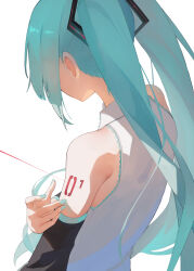 Rule 34 | 1girl, 200f (nifu), absurdres, aqua hair, aqua nails, bare shoulders, collared shirt, commentary request, detached sleeves, facing away, from behind, hatsune miku, highres, long hair, number tattoo, shirt, simple background, sleeveless, sleeveless shirt, solo, tattoo, twintails, upper body, vocaloid, white background, white shirt