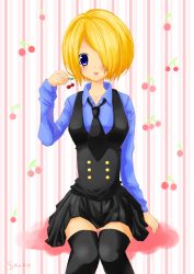 Rule 34 | :p, absurdres, bad id, bad pixiv id, blonde hair, blue eyes, cherry, food, fruit, genderswap, genderswap (mtf), hair over one eye, highres, kaito ak, necktie, one piece, sanji (one piece), shirt, sitting, skirt, solo, thighhighs, tongue, tongue out, zettai ryouiki