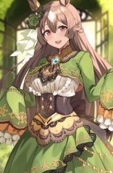 Rule 34 | 1girl, :d, animal ears, arms up, asato (fadeless), blurry, blurry background, braid, breasts, brooch, brown eyes, brown hair, corset, cowboy shot, dress, ear ornament, frilled dress, frills, green dress, hair between eyes, half updo, highres, horse ears, horse girl, jewelry, lace trim, large breasts, long hair, long sleeves, looking at viewer, open mouth, outdoors, satono diamond (umamusume), sleeves past fingers, sleeves past wrists, smile, solo, umamusume, very long hair, wide sleeves