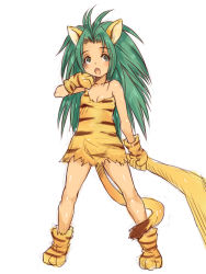 Rule 34 | 1girl, animal ears, animal hands, animal print, boomerang, cat ears, cham cham, e10, female focus, food, fruit, full body, gloves, green eyes, green hair, long hair, looking at viewer, open mouth, paw gloves, paw shoes, samurai spirits, simple background, solo, tail, tiger print, white background