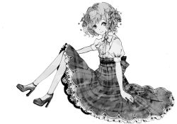 Rule 34 | 1girl, alternate costume, bow, closed mouth, collared shirt, female focus, flower, frilled skirt, frills, full body, greyscale, hair between eyes, hair flower, hair ornament, head wreath, high heels, kazami yuuka, long skirt, looking at viewer, monochrome, sano naoi, shirt, short sleeves, simple background, sitting, skirt, solo, touhou, white background, white shirt, wreath