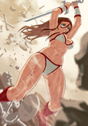 Rule 34 | 1girl, amazon warrior, armpits, arms up, attack, bikini, blue eyes, boots, breasts, brown hair, cleavage, golden axe, highres, large breasts, long hair, navel, sega, sweat, swimsuit, sword, thighs, tyris flare, weapon, yagi2013