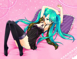 Rule 34 | 1girl, aqua eyes, aqua hair, armpits, arms up, bad id, bad pixiv id, black thighhighs, camisole, earrings, frilled pillow, frills, green eyes, green hair, hatsune miku, jewelry, kobato neneko, legs, long hair, lying, matching hair/eyes, necklace, nightgown, on back, panties, pillow, solo, stole, thighhighs, thighs, twintails, underwear, vocaloid, white panties, world is mine (vocaloid)