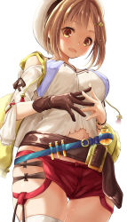 Rule 34 | 1girl, atelier (series), atelier ryza, atelier ryza 1, belt, blush, breasts, brown eyes, brown gloves, brown hair, commentary request, gloves, hair ornament, hairclip, hat, highres, large breasts, open mouth, red shorts, reisalin stout, short hair, short shorts, shorts, single glove, smile, solo, thigh gap, thighhighs, thighs, watarui, white background, white hat, white thighhighs