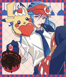 Rule 34 | 1boy, :o, alternate costume, apron, blue eyes, blue hair, blue necktie, blush, border, cherry, chocolate, collared shirt, commentary request, creatures (company), eating, eyelashes, food, fruit, game freak, gen 1 pokemon, gloves, grusha (pokemon), highres, holding, long hair, looking at viewer, male focus, mocacoffee 1001, necktie, nintendo, open mouth, orange apron, pants, pikachu, pokemon, pokemon (creature), pokemon sv, shirt, signature, teeth, tongue, upper teeth only, visor cap, waist apron, white shirt