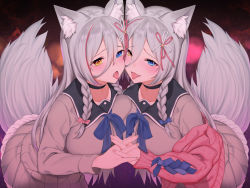 Rule 34 | 2girls, animal ear fluff, animal ears, asymmetrical docking, black choker, black sailor collar, blue bow, blush, bow, breast press, breasts, breasts out, cardigan, choker, collarbone, eyelashes, fang, fingernails, fox ears, fox girl, fox tail, frilled skirt, frills, grey shirt, grey skirt, hair between eyes, hair bow, hair ornament, hair ribbon, heterochromia, highres, holding hands, interlocked fingers, inverted nipples, large breasts, long hair, long sleeves, looking at viewer, miniskirt, multicolored hair, multiple girls, nail polish, nipples, no bra, non-web source, off shoulder, open mouth, original, pink bow, pink cardigan, pink nails, pleated skirt, red hair, ribbon, sailor collar, school uniform, shirt, siblings, sidelocks, silver hair, sisters, skirt, smile, streaked hair, tail, tail raised, twins, two-tone hair, very long hair, virtual youtuber