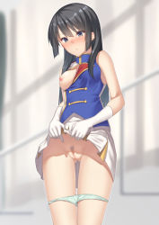 Rule 34 | 10s, 1girl, band uniform, black hair, blush, breast slip, breasts, cleft of venus, clothes lift, elbow gloves, female pubic hair, gloves, hibike! euphonium, highres, kousaka reina, pussy, long hair, medium breasts, mikazuchi zeus, nipples, no headwear, no headwear, one breast out, panties, panty pull, pubic hair, purple eyes, pussy, skirt, skirt lift, sleeveless, solo, uncensored, underwear