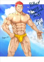 Rule 34 | 1boy, abs, absurdres, alternate costume, bara, bare pectorals, beach, blue eyes, blush, bulge, feet out of frame, heterochromia, highres, kouyas 125, large pectorals, male focus, male swimwear, muscular, muscular male, navel, nipples, pectorals, pollux (housamo), red hair, short hair, sideburns, smile, solo, stomach, swim briefs, thighs, tokyo houkago summoners, wet, yellow eyes, yellow male swimwear