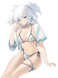 Rule 34 | 1girl, :q, absurdres, ahoge, bare shoulders, bikini, blue choker, blue eyes, blush, breasts, choker, commentary request, feet out of frame, girls&#039; frontline, girls&#039; frontline neural cloud, hair between eyes, highres, jacket, long hair, looking at viewer, medium breasts, navel, off shoulder, open clothes, open jacket, pa-15 (girls&#039; frontline), short sleeves, side-tie bikini bottom, silver hair, simple background, sitting, smile, solo, stomach, swimsuit, thigh strap, thighs, tongue, tongue out, two side up, white background, white bikini, white jacket, xiaobei