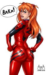 Rule 34 | 1girl, aaaninja, angry, ass, blue eyes, blush, bodysuit, dated, from behind, gloves, hair ornament, hands on own hips, hard-translated, highres, huge ass, lips, long hair, looking at viewer, neon genesis evangelion, open mouth, plugsuit, red bodysuit, shiny clothes, skin tight, solo, souryuu asuka langley, third-party edit, translated, transparent background, tsundere, wide hips