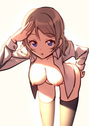 Rule 34 | 10s, 1girl, :o, black thighhighs, blue eyes, breasts, brown hair, dress shirt, grey hair, hand on own ass, hand up, large breasts, leaning forward, looking at viewer, love live!, love live! sunshine!!, nagareboshi, naked shirt, nipples, open clothes, open mouth, open shirt, salute, shade, shirt, sketch, solo, sunlight, thighhighs, watanabe you, wavy hair