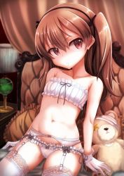 Rule 34 | 10s, 1girl, arm support, blurry, blurry background, boko (girls und panzer), bow, bow panties, bra, brown eyes, brown hair, chair, crotch seam, frilled bra, frilled panties, frills, garter belt, girls und panzer, gloves, head tilt, highres, indoors, lace, lace-trimmed legwear, lace trim, lamp, leaning back, light particles, lingerie, long hair, navel, panties, parted lips, pillow, shibagami, shimada arisu, side ponytail, solo, strapless, strapless bra, straps under panties, stuffed animal, stuffed toy, teddy bear, thighhighs, underwear, underwear only, white gloves, white thighhighs, wooden chair