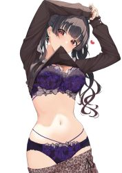 Rule 34 | 1girl, arms up, belly, black hair, black shirt, blunt bangs, blush, bra, breasts, buttoned cuffs, buttons, cleavage, clothes in mouth, clothes lift, clothes pull, cowboy shot, earrings, gin00, head tilt, heart, heart earrings, highres, idolmaster, idolmaster shiny colors, jewelry, large breasts, lifted by self, lingerie, long hair, long sleeves, looking at viewer, mayuzumi fuyuko, mouth hold, navel, own hands together, panties, psd available, purple bra, purple panties, red eyes, see-through, shirt, shirt in mouth, shirt lift, simple background, sleeves past wrists, solo, stomach, twintails, underwear, white background