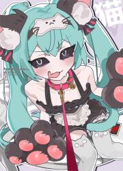 1girl animal_ear_fluff animal_ear_legwear animal_ears animal_hands apron aqua_hair bare_shoulders bell black_dress black_sclera breasts bridal_garter card cat_ear_legwear cat_ears cat_paws collar colored_sclera dress drooling fang gloves hair_between_eyes hair_ribbon hatsune_miku headband kemonomimi_mode long_hair looking_at_viewer mimukauwa_nice_try_(vocaloid) mouth_drool nashinoro_kikuri neck_bell open_mouth paw_gloves red_collar ribbon sidelocks skin_fang small_breasts solo sweatdrop thighhighs twintails uno_(game) very_long_hair vocaloid waist_apron watermark wavy_mouth white_apron white_thighhighs