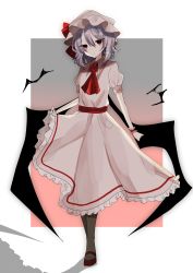 Rule 34 | 1girl, absurdres, ascot, bat (animal), bat wings, black footwear, closed mouth, contrapposto, dress, gradient background, hat, hat ribbon, highres, looking at viewer, mob cap, outside border, pink dress, pink hat, purple hair, red ascot, red eyes, red ribbon, remilia scarlet, ribbon, shion 343, short hair, short sleeves, solo, touhou, wings, wrist cuffs