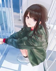 Rule 34 | 1girl, bad id, bad twitter id, black eyes, black hair, braid, full body, green jacket, highres, idolmaster, idolmaster shiny colors, jacket, kazano hiori, looking at viewer, mole, mole under mouth, own hands clasped, own hands together, shoes, smile, sneakers, solo, source request, squatting, white footwear