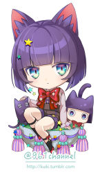Rule 34 | 2others, androgynous, animal, animal ears, blue eyes, blunt bangs, bob cut, bow, bowtie, cat, cat ears, cat tail, chibi, closed eyes, full body, green eyes, headpat, kneehighs, kuroi nyan, kuroinyan, looking at viewer, multicolored eyes, multiple others, original, other focus, pixiv fantasia, pixiv fantasia new world, purple hair, red bow, short hair, simple background, sitting, socks, star (symbol), tail, tassel, twitter username, watermark, web address, white background