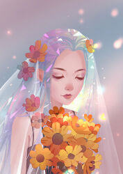 Rule 34 | 1girl, artist name, bare shoulders, black dress, blue background, blush, bouquet, closed eyes, commentary, dress, english commentary, eye glitter, eyelashes, eyeshadow, flower, gradient background, hair flower, hair ornament, holding, holding bouquet, light smile, long hair, makeup, mina fz., nose blush, original, parted lips, pink background, pink eyeshadow, pink lips, see-through, see-through veil, sleeveless, sleeveless dress, solo, spaghetti strap, sunflower, thick eyebrows, upper body, veil, vest, white hair, white veil, white vest, yellow flower