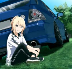 Rule 34 | 1girl, absurdres, black footwear, black pants, blonde hair, butterfly sitting, car, collared shirt, commentary request, dutch angle, highres, holding own leg, looking at viewer, love live!, love live! nijigasaki high school idol club, miyashita ai, motor vehicle, orange eyes, outdoors, pants, parted lips, ponytail, s sho mkrn, shirt, shoes, sidelocks, sitting, solo, swept bangs, toyota, toyota altezza, white shirt