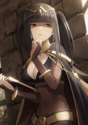 Rule 34 | 1girl, black cape, black hair, bodystocking, book, breasts, bridal gauntlets, brown eyes, cape, cleavage, covered navel, fagi (kakikaki), fire emblem, fire emblem awakening, gold bracelet, gold trim, hand up, highres, holding, holding book, large breasts, looking to the side, nintendo, parted lips, solo, stone wall, tharja (fire emblem), tiara, two side up, wall