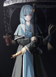 Rule 34 | 1girl, allcy49, alternate costume, black background, blue eyes, blue hair, closed mouth, commentary request, heterochromia, highres, holding, holding umbrella, long sleeves, looking at viewer, red eyes, short hair, solo, tatara kogasa, touhou, umbrella