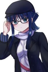 Rule 34 | 1girl, adjusting eyewear, alternate hairstyle, aqua eyes, arm at side, beret, bespectacled, black-framed eyewear, black coat, black hat, blue hair, blunt ends, blush, breasts, closed mouth, coat, commentary request, frown, glasses, hair between eyes, hand up, hat, highres, looking at viewer, mahigu re, medium breasts, open clothes, open coat, scarf, shirt, sidelocks, simple background, solo, touma kazusa, tsurime, upper body, v-shaped eyebrows, white album (series), white album 2, white background, white scarf, white shirt