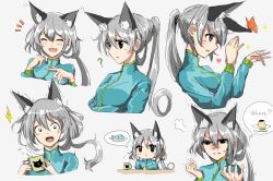 Rule 34 | 1girl, :d, puff of air, ?, ^^^, ^ ^, animal ears, animal print, bad id, bad pixiv id, black eyes, blush, breasts, cat print, chibi, closed eyes, cup, english text, fish, food, from side, grey hair, hair between eyes, hand on own cheek, hand on own face, hands up, head rest, holding, holding cup, jacket, light smile, long hair, long sleeves, medium breasts, multiple views, open mouth, original, pointing, ponytail, pudding, shaded face, sidelocks, smile, speech bubble, swav, tears, tosk (swav-coco), trembling