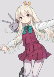 Rule 34 | 1girl, aqua bow, aqua bowtie, blonde hair, blush, bow, bowtie, collared shirt, cosplay, dress, grey background, grey eyes, grey pantyhose, hair between eyes, kantai collection, long hair, long sleeves, mitsuyo (mituyo324), naganami (kancolle), naganami (kancolle) (cosplay), outstretched arms, pantyhose, parted lips, pleated dress, purple dress, rensouhou-chan, shimakaze (kancolle), shirt, simple background, spread arms, white shirt