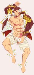 Rule 34 | 1boy, abs, bara, blue eyes, blush, brown hair, epaulettes, erection, facial hair, fate/grand order, fate (series), flower, fringe trim, goatee, hair flower, hair ornament, highres, jacket, large pectorals, long sideburns, long sleeves, looking at viewer, male focus, male pubic hair, military, military uniform, muscular, napoleon bonaparte (fate), nipples, open clothes, open jacket, open shirt, pectorals, penis, pubic hair, saru se~tsumane, scar, sideburns, smile, solo, unbuttoned, uncensored, uniform