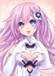 Rule 34 | 10s, 1girl, :d, absurdres, blue eyes, breasts, choujigen game neptune mk2, elbow gloves, gloves, hair ornament, heart, heart hands, highres, long hair, looking at viewer, nepgear, neptune (series), official art, open mouth, power symbol, power symbol-shaped pupils, purple hair, purple sister, smile, solo, star (symbol), symbol-shaped pupils, tsunako, upper body, white gloves