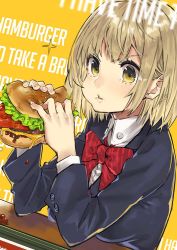 Rule 34 | 1girl, text background, beef, black jacket, blazer, blonde hair, blush, bow, bowtie, burger, cheese, collared shirt, dutch angle, eating, english text, food, food on face, holding, holding food, jacket, long sleeves, looking at viewer, original, red bow, red bowtie, salad, school uniform, shirt, short hair, solo, sparkle, table, teshima nari, tomato, two-handed, v-shaped eyebrows