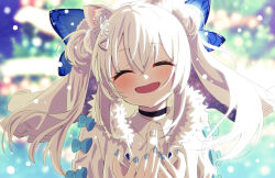 Rule 34 | 1girl, :d, animal ear fluff, animal ears, black choker, blue nails, blush, butterfly hair ornament, child, choker, closed eyes, collared shirt, double bun, fur-trimmed collar, fur trim, goddess of victory: nikke, hair between eyes, hair bun, hair ornament, happy, highres, hood, hooded jacket, jacket, long hair, n102 (miracle fairy) (nikke), n102 (nikke), nail polish, official alternate costume, open mouth, ribbon, shiime, shirt, short twintails, smile, snowflake hair ornament, solo, twintails, upper body, white hair, white jacket, white shirt