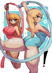 ! 2girls absurdres ass blonde_hair blue_eyes blue_leotard blush breasts collarbone earrings grin gymnastics gymnastics_ribbon heart highres jewelry large_breasts leotard long_hair looking_at_viewer mario_(series) multiple_girls nintendo pink_leotard princess_peach rhythmic_gymnastics rosalina smile sparkle speech_bubble spoken_heart standing teeth thick_thighs thighs tony_welt white_background