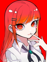 Rule 34 | 1girl, blunt bangs, blush, clark niel, collared shirt, fingernails, hair ornament, hairclip, highres, long hair, looking at viewer, mochizuki kei (style), open mouth, original, red background, red eyes, red hair, shirt, signature, solo, white shirt