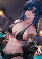 Rule 34 | 1girl, abs, absurdres, arm tattoo, bare shoulders, bikini, black bikini, black nails, black sclera, blue hair, blurry, blurry background, breasts, cleavage, closed mouth, collarbone, colored sclera, commentary, dutch angle, hair between eyes, halterneck, highres, jacket, unworn jacket, large breasts, long hair, looking at viewer, nail polish, neonbeat, off shoulder, original, partially submerged, smile, stomach, swimsuit, tattoo, toned, water, yellow eyes, zoe wade