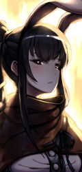 Rule 34 | 1girl, animal ears, baraart, black eyes, black hair, blunt bangs, blush, breasts, brown cloak, cloak, closed mouth, commentary, english commentary, highres, long hair, looking at viewer, medium breasts, narberal gamma, overlord (maruyama), ponytail, rabbit ears, solo