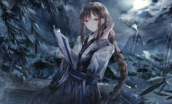 Rule 34 | 1girl, absurdres, animal, bird, black skirt, book, braid, brown hair, closed mouth, cloud, cloudy sky, commentary request, ear piercing, fate/grand order, fate (series), flying, full moon, hair between eyes, hand up, highres, holding, holding book, japanese clothes, junpaku karen, kimono, long hair, long sleeves, looking at viewer, moon, mountain, night, night sky, open book, outdoors, piercing, rain, red eyes, sidelocks, single braid, skirt, sky, smile, solo, very long hair, white kimono, wide sleeves, yu mei-ren (fate), yu mei-ren (first ascension) (fate)