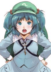 Rule 34 | 1girl, backpack, bag, blue eyes, blue hair, blue jacket, blush, breasts, frilled shirt collar, frills, green hat, hair bobbles, hair ornament, hands on own hips, hat, highres, jacket, kamiyama aya, kawashiro nitori, key, long sleeves, looking at viewer, open mouth, pocket, short hair, signature, simple background, solo, touhou, two side up, upper body, white background