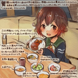 Rule 34 | 10s, 1girl, :d, black jacket, bowl, brown eyes, brown hair, cardigan, colored pencil (medium), commentary request, crescent, crescent pin, curry, curry rice, dated, food, holding, holding bowl, jacket, kantai collection, kirisawa juuzou, long sleeves, mutsuki (kancolle), mutsuki kai ni (kancolle), neckerchief, numbered, open mouth, red neckerchief, rice, school uniform, serafuku, short hair, sitting, smile, solo, traditional media, translation request, twitter username