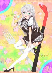 Rule 34 | 1girl, absurdres, ahoge, artist request, bad id, bad pixiv id, checkered clothes, checkered skirt, crowbar, female focus, fork, green eyes, haiyore! nyaruko-san, high heels, highres, holding, holding crowbar, huge ahoge, long hair, nyarlathotep (nyaruko-san), silver hair, skirt, solo, thighhighs, white thighhighs