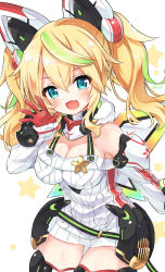 Rule 34 | 1girl, animal ears, aqua eyes, bare shoulders, blonde hair, blush, breasts, cat ears, cleavage, elbow gloves, fang, gene (pso2), gloves, green hair, hair between eyes, headgear, highres, large breasts, long hair, looking at viewer, multicolored hair, open mouth, phantasy star, phantasy star online 2, simple background, smile, solo, streaked hair, thighhighs, twintails, yukine