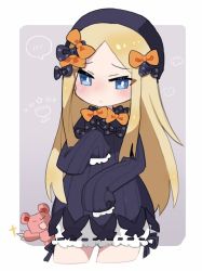 Rule 34 | 1girl, abigail williams (fate), black bow, black dress, black hat, blonde hair, bloomers, blue eyes, blush, bow, bug, butterfly, claws, closed mouth, commentary request, cowboy shot, cropped legs, dress, fate/grand order, fate (series), forehead, grey background, hair bow, hat, insect, long hair, long sleeves, looking at viewer, orange bow, parted bangs, polka dot, polka dot bow, sleeves past fingers, sleeves past wrists, solo, sparkle, spoken blush, star (symbol), stuffed animal, stuffed toy, tanaka yuugo, teddy bear, two-tone background, underwear, very long hair, white background, white bloomers