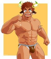 Rule 34 | 1boy, animal ears, bara, brown eyes, brown hair, cow boy, cow ears, cow horns, facial hair, fiery horns, forked eyebrows, glowing horns, goatee, highres, horns, kikujizo, large pectorals, looking at viewer, male focus, mature male, muscular, muscular male, nipples, open mouth, pectorals, short hair, smile, solo, spiked hair, thick eyebrows, tokyo houkago summoners, wakan tanka, wakan tanka (fashionista swimsuit)