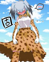 Rule 34 | 10s, 1girl, bad id, bad pixiv id, black hair, blush, bow, bowtie, breasts, cosplay, elbow gloves, gloves, grey hair, kemono friends, low ponytail, multicolored hair, nuka cola06, serval (kemono friends), serval (kemono friends) (cosplay), serval print, shirt, shoebill (kemono friends), short hair, side ponytail, skirt, sleeveless, solo, spoken blush, yellow eyes
