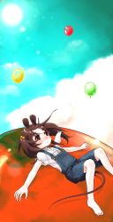 Rule 34 | 1girl, animal ears, balloon, barefoot, brown eyes, brown hair, lying, mouse (animal), mouse ears, night bird, nue (night bird), overall shorts, overalls, short hair, sky, solo, suspenders, tail, twintails