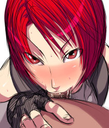 Rule 34 | 1girl, bare shoulders, blush, capcom, cum, cum in mouth, cum overflow, deepthroat, dino crisis, elbow gloves, fellatio, fingerless gloves, gloves, hetero, looking at viewer, male pubic hair, oral, penis, pov, pubic hair, red eyes, red hair, regina (dino crisis), sawao, short hair, uncensored, white background