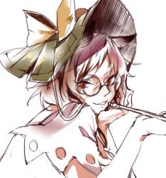 Rule 34 | 1girl, animal ears, black-framed eyewear, bow, female focus, futatsuiwa mamizou, glasses, green hat, hand on own cheek, hand on own chin, hand on own face, hat, hat bow, hat ornament, holding, kagari6496, kiseru, looking at viewer, parted lips, partially colored, raccoon ears, red eyes, round eyewear, short hair, simple background, sketch, smoking pipe, solo, teeth, touhou, upper body, white background, yellow bow